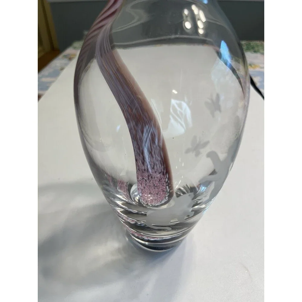 RARE!! Lenox Art Glass Etched Frosted Kitten Cats Pink Swirl 8” Vase Scotland